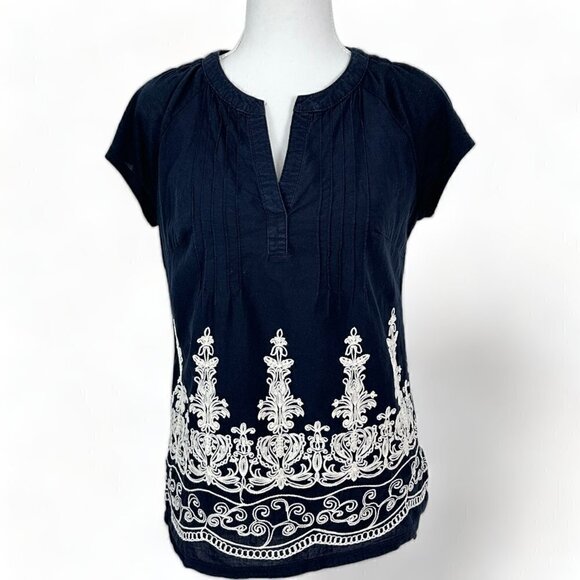 Retrology Embroidered Boho Short Sleeve Pin Tuck Ruched Blouse (S) - Picture 1 of 16